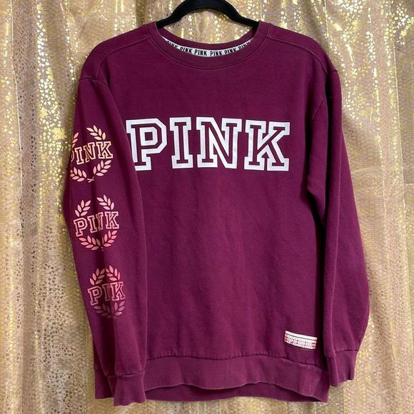 PINK Victoria's Secret Sweaters - PINK Victoria’s Secret maroon crewneck sweater, logos on sleeve/front XS